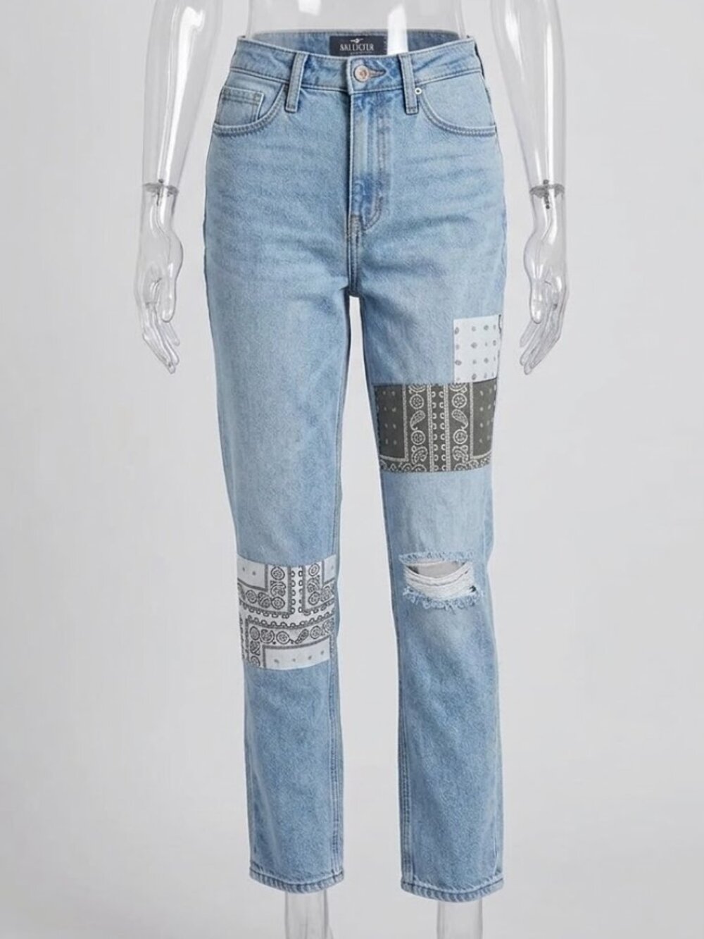 Hollister Jeans 1 Reg High Rise Mom Jean Stretch Patched Distress Indie Festival